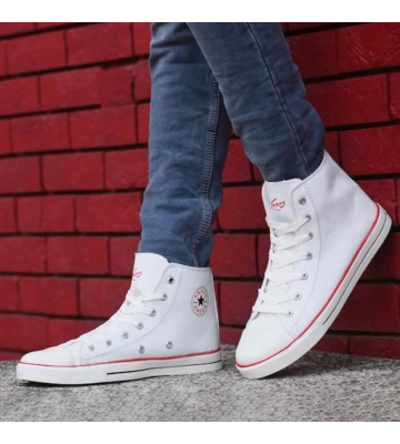 White with Green line Colourblocked High-Top Sneakers for Men